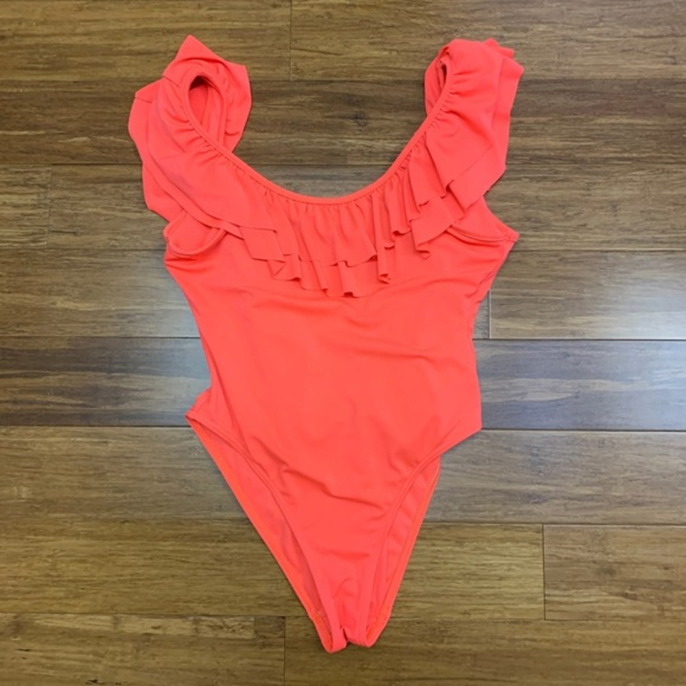 New Look Ruffle One Piece Swimsuit Womens‎ Size 8 Pink Coral High Cut Open Back